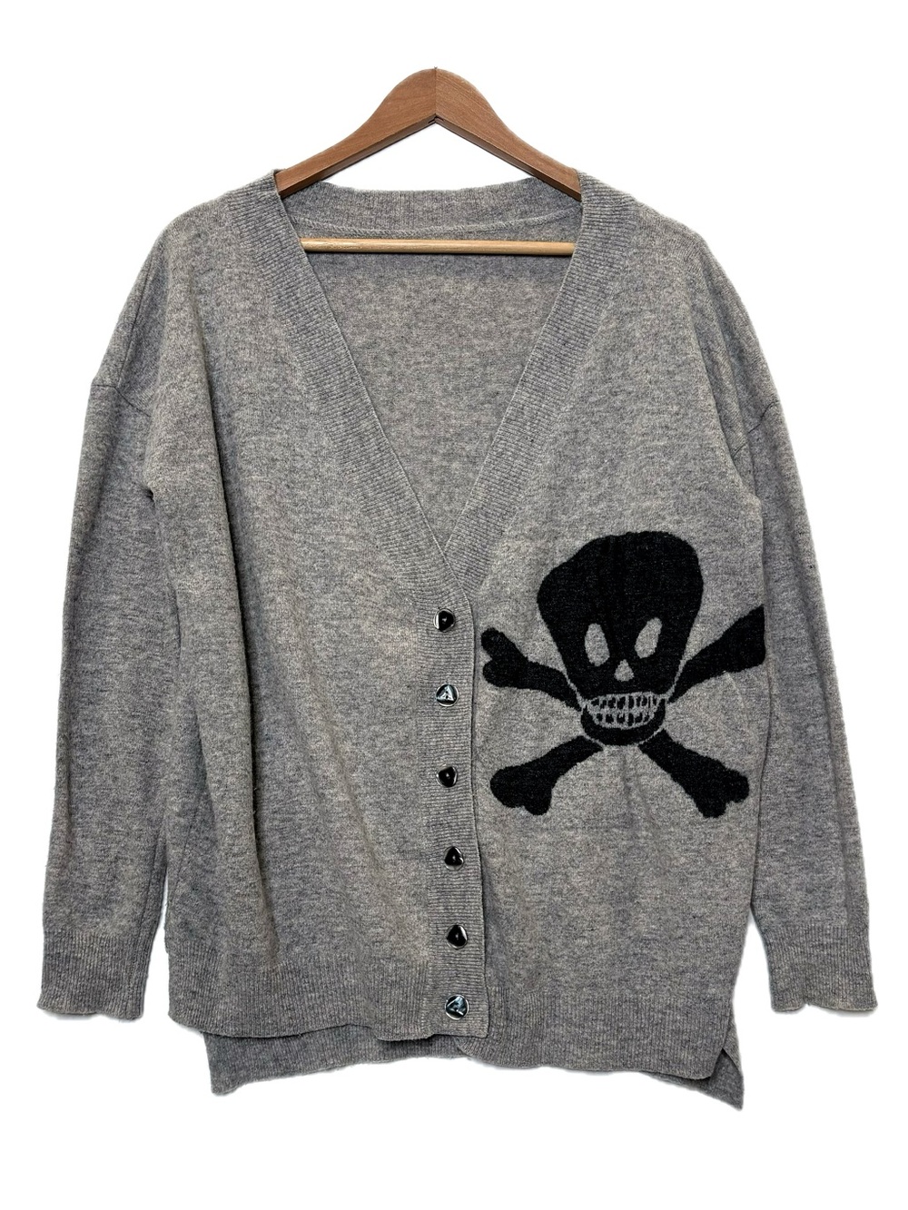 Skull & Crossbones Cashmere V-Neck Button Front Cardigan Sweater Size Large Grey